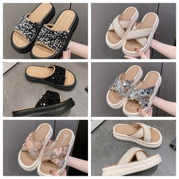 Luxury Thick soled cross strap cool slippers womens white Exquisite sequin sponge cake sole one line trendy slippers