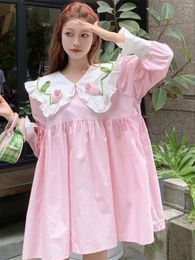 Casual Dresses Korean Style Sweet Contrasting Doll Neck Dress Female Summer Autumn Loose Long Sleeved Short Large Size Women's Clothing