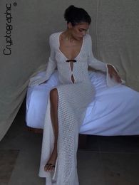 Cryptographic Summer Beach Holiday Knitted Maxi Dress Outfits for Women Party Club Long Sleeve See Through Dresses Hollow Out 240409