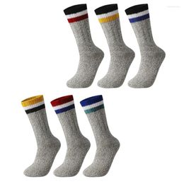 Men's Socks 3 Pairs Merino Wool Autumn Winter Thicken Leg Warm Outdoor Sports Hiking Riding Fashion Striped Mid-calf