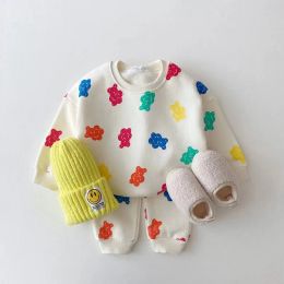 Trousers Children Girl Sweet Multicolour Candy Bear Pullover Sweatshirts Casual Thin Fleece + Loose Cotton Pants 2pc Set Girls Cute Suit