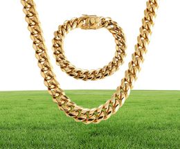 Miami Cuban Link Chains Men Women Jewelry Sets Hip Hop Necklaces Bracelets 316L Stainless Steel Double Safety Lock Clasps Curb Cha4508931