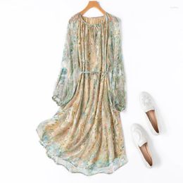 Casual Dresses Real Mulberry Silk For Women Lace-up Long Sleeve Spring Summer Women's Dress Elegant Midi 2024