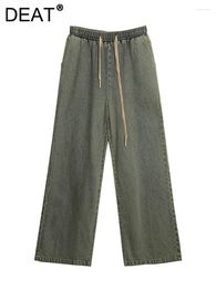 Women's Jeans Jean Elastic High Waist Drawstring Loose Vintage Full Length Wash Green Denim Pants 2024 Autumn Fashion 29L3457