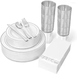 Disposable Dinnerware 350 Pieces Silver Set 100 Plastic Plates-50 Silverware-50 Cups-50 Napkins 50 Guest