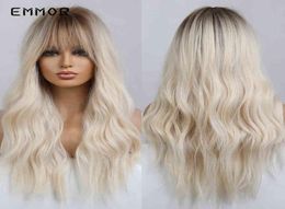 Emmor Synthetic Ombre Blonde Platinum Wigs for Women with Bangs Long Wavy Wig Party Daily Heat Resistant Fibre Hair 2206228886863
