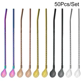 Drinking Straws 50Pcs Long Straw Spoons Multicolor Scoop 304 Stainless Steel Straight Reusable Bar Cocktail Coffee Stirring Spoon