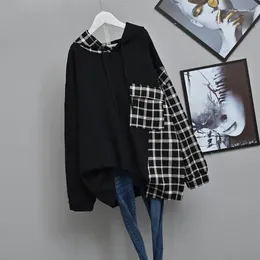 Women's T Shirts Spring Autumn Plaid Patchwork Loose Oversized T-shirt Long Sleeve Hooded Plus Size Tops Tees Casual Fashion Women Clothing