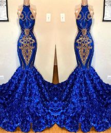 Royal Blue Mermaid Prom Dresses 2019 Halter Lace Appliqued Gorgeous 3D Floral Skirt Prom Party Evening Gowns For Black Girls BC1214530428