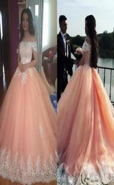 2018 Sexy Blush Pink Sweet 16 Quinceanera Dresses Ball Gown Bateau Neck Appliques Tulle Plus Size Dresses Saudi Arabic Prom Gown8394947