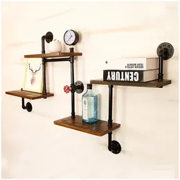 Decorative Plates Iron Water Pipe Rack Solid Wood Word Shelf Retro Decoration Industrial Bookshelf Hanging Wall Home Office Organizer