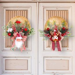 Decorative Flowers Outdoor Wreath With Green Leaves Festive Decoration Holiday Garland Santa Snowman Elk Pine Cone Berry