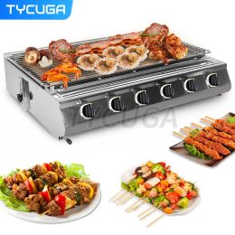 Combos 6 Burners Big Size Gas Barbecue Stainless Steel Smokeless Stove LPG/LNG Barbecue Grill Glass Covers Adjustable Height Grilling