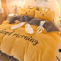 Bedding Sets Cartoon Style Fleece Thickened Bed Skirt Four-Piece Set Plush Surface Double-Sided Velvet Warm Milk Fibre