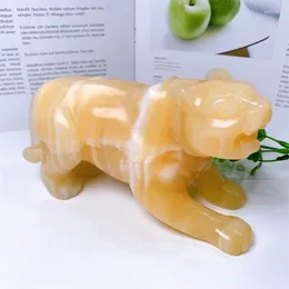 Decorative Figurines Natural Yellow Calcite Tiger Carved Powerful Animal Statue Healing Crystal Crafts For Home Decoration Accessories 1pcs