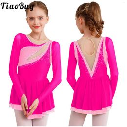 Stage Wear Kids Girls Figure Ice Skating Costume Sheer Mesh Long Sleeve Leotard Dress Glittery Rhinestone Ballerina Tutu Lyrical Dancewear