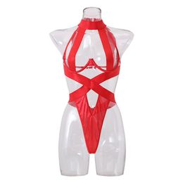 Women Sexy Hollow Out Bandage Bodysuit Halter Neck See Through Jumpsuit Erotic Lingerie High Cut Leotard Clubwear Underwear