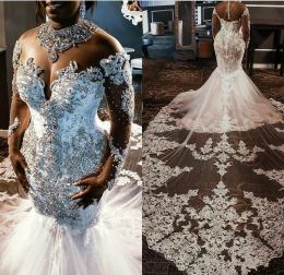 Sheer Mesh Mermaid Wedding Dresses Tulle Top Lace Appliques Beaded Crystals Custom Made Long Sleeves Sweep Train Wedding Bridal Gowns