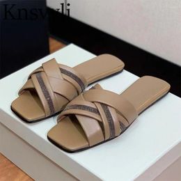 Slippers Summer Woman Genuine Leather Cross Strap Chain String Bead Mules Shoes Holiday Casual Slides Flat Women