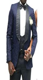 New Stylish Design One Button Navy Blue Groom Tuxedos Shawl Lapel Groomsmen Man Suits Mens Wedding Suits JacketPantsVestT1295980