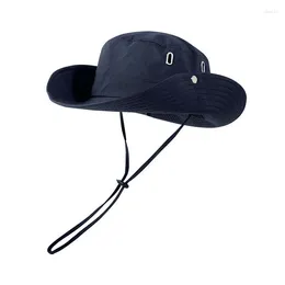 Berets Waterproof Quick Drying Men Hat Outdoor Wide Brim Flat Top Camping Windproof Anti-UV With Strap Button Fisherman