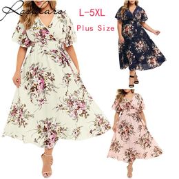 Fashion Plus Size 3XL 4XL 5XL Women Dress Floral Chiffon Flower Dress Bohemian Beach Summer Dresses Urban Gypsy Ropa Vestidos 240411