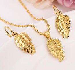 dubaii india arab Fashion plume Pendant Earring Set Women Party Gift 14k Yellow Solid Gold Filled Leaf romantic Necklace Jewelry S6484573