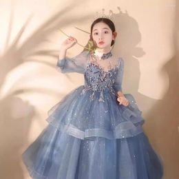 Girl Dresses Long Sleeved Floral Evening Dress For Spring 2024 Sweet And Cute Trend Show Host Children's