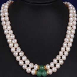 2 ROW 8-9MM SOUTH SEA WHITE GREEN JADE MOTHER PEARL NECKLACE YELLOW CLASP301y