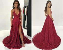 2022 Sexy High Slit Long Lace Prom Dresses Evening Formal Gowns For Women Party Girls Open Back Halter Deep V neck Sexy Designer C5648241