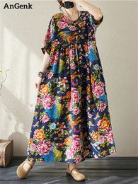 2024 Summer Cotton Short Sleeve Vintage Dresses For Women Casual Loose Long Dress Femme Robe Vestidos Elegant Fashion Clothing 240412