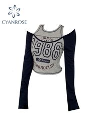 American College Style Women Y2k Off Shoulder O-neck Long Sleeve Tops Women Letter Print Contrast Colour Tees Women Autumn 240408