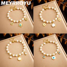 Charm Bracelets MEYRROYU 316L Stainless Steel Enamel Bracelet Fashion Grace Pearl Beaded Bangle Jewelry World Tree Pendants Hand Chains