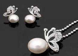 Silver Cream Pearl Clear Rhinestone Crystal Small Butterfly Pendant Necklace and Earrings Jewellery set Top Quality9757337