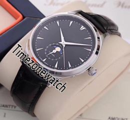 Master Ultra Thin Q1368470 Automatic Mens Watch Steel Case Black Dial Real Moon Phase Stick Markers Black Leather Strap Timezonewa3847634