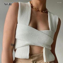 Women's T Shirts VGH Slimming Solid Hollow Out Tank Top For Women Square Collar Sleeveless Backless Temperament Knitting Tops Female Fashion