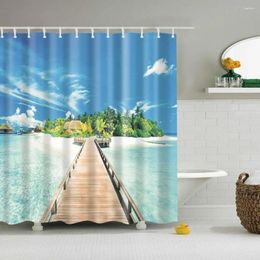 Shower Curtains 3D Beach Scenery Print Curtain Blue Bathroom Blackout Large 180x200cm For