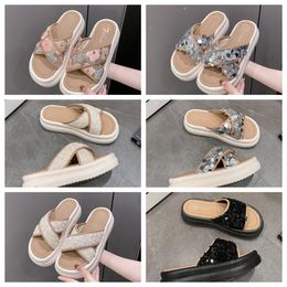 2024 Luxury Thick soled cross strap cool slippers women white Exquisite sequin sponge cake sole one line trendy slippers