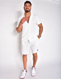Summer Cotton Linen Shirt Set Mens Casual Loose 2-Piece Suit Home Clothes Pyjamas Comfy Breathable Beach Short Sleeve Sets 240403