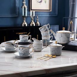 Teaware Sets Marble Design Gold Rimmed Bone China Nordic Teapot Set High-grade Ceramic Coffee Cup 15pcs With Saucer Milk Pot