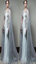 Newest Abric Mermaid Prom Dresses With Cape Sleeve Jewel Neck Formal Evening Wear Sequined Sweep Train Celebrity Party Gowns4983628