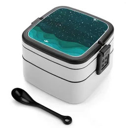 Dinnerware Starry Ocean Teal Sailboat Watercolour Sea Waves Night Bento Boxes Wheat Fibre Pp Material Leak Proof With Tableware