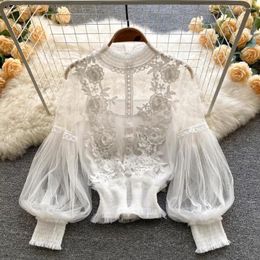 Women's Blouses Lace French Chic Blouse Women Shirt Elegant See-through Mesh Lantern Sleeve Vintage Gothic Slim Waist