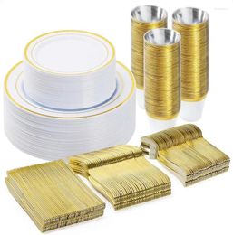 Disposable Dinnerware 300PCS Plastic Set (50 Guests) Gold Plates For Party Wedding Anniversary Includes Dinner