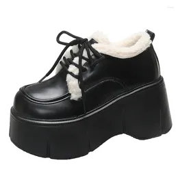 Casual Shoes 9CM Microfiber Leather Wedge Pumps Platform Warm Plush Lace-up High Brand Fashion Winter Ankle Boots Women Black Loafers