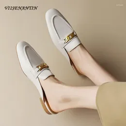 Slippers 2024 Spring Women's Half Round Toe Flats Mules Shoes Genuine Leather Solid Slip On Comfortable Casual Females