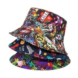 Summer Sun Protection Bucket Hat for Men Women Panama Cap Print Hip Hop Gorros Fishing Fisherman Double Side Wear Fashion 240403