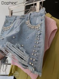 Women's Jeans Streetwear Girls Wear Burrs Tassels Diamond Short Summer Casual Western Style Slimming Blue Denim Pants For Women