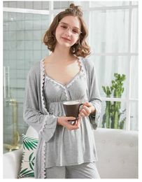 Home Clothing Autumn Three Pieces Womens Thin Bamboo Pure Cotton Fibre Cardigan Pyjamas Lace Spliced Sweer Lingerie Sets M L XL