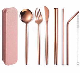 Portable Cutlery Set Rose Gold Stainless Tableware Sets Travel Dinnerware Ste Straw Outdoor Picnic with Box Utensils Reusable Y1113767361